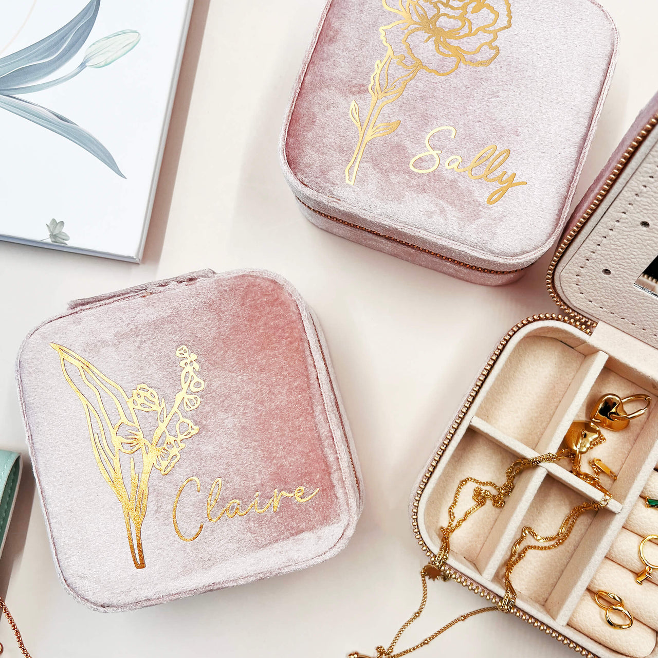 Velvet Travel Jewellery Organiser With Birth Flower