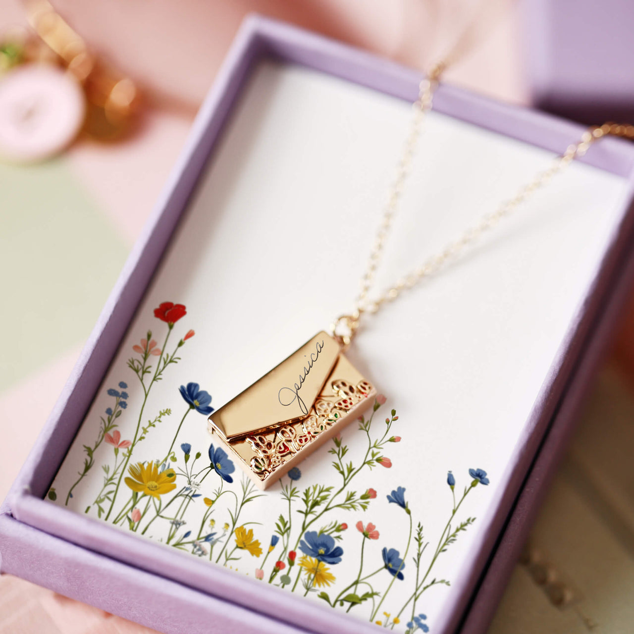 Hand Drawn Wildflower Envelope Pendant Necklace