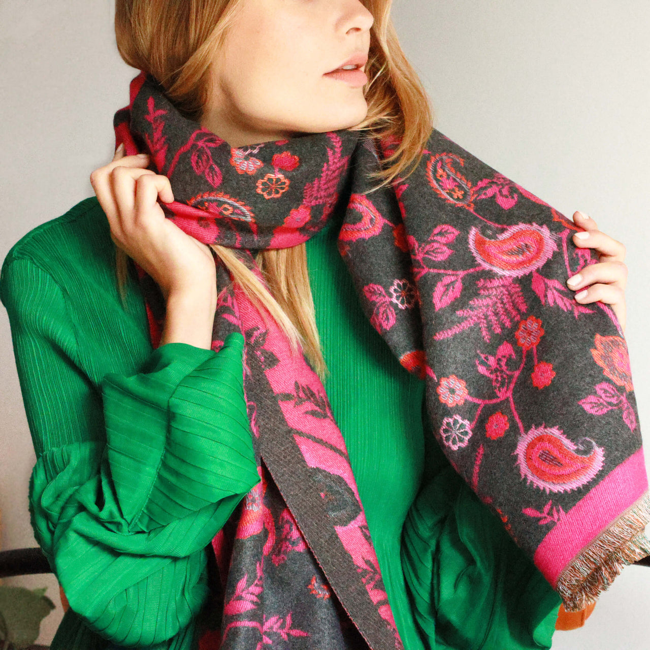 Paisley Pattern Scarf In Fuchsia And Charcoal