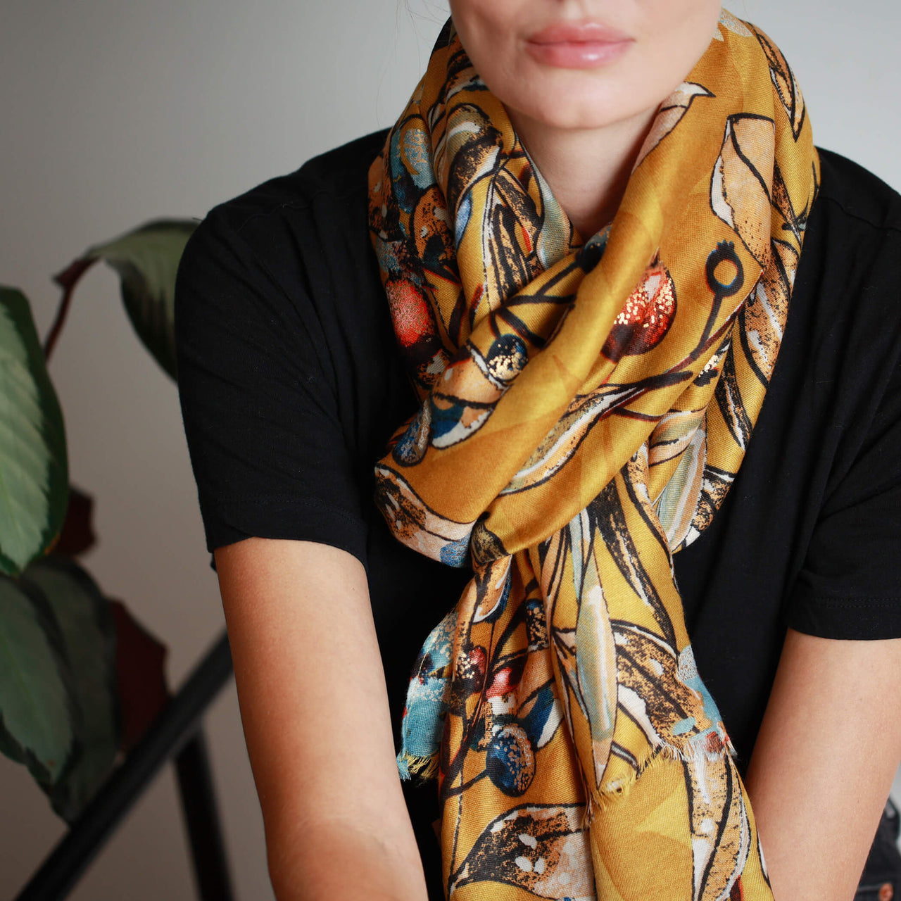 Pomegranate Gold Foliage Blue Flower Motifs Scarf