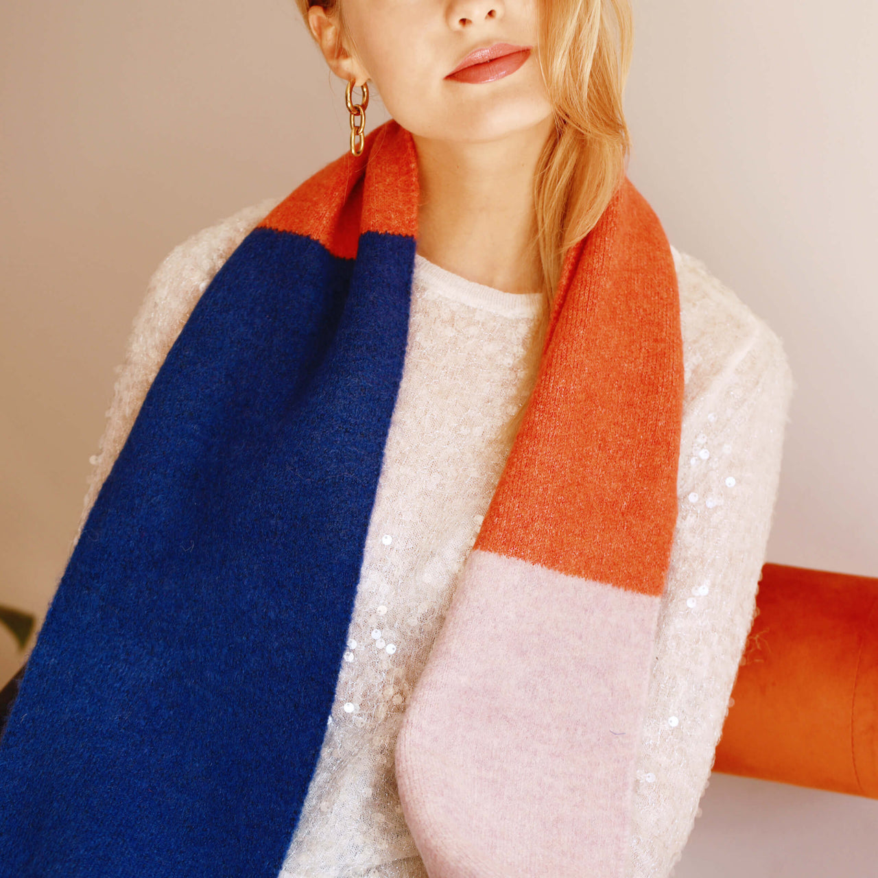 Colour Block Wool Blend Scarf In Orange, Blue And Pink