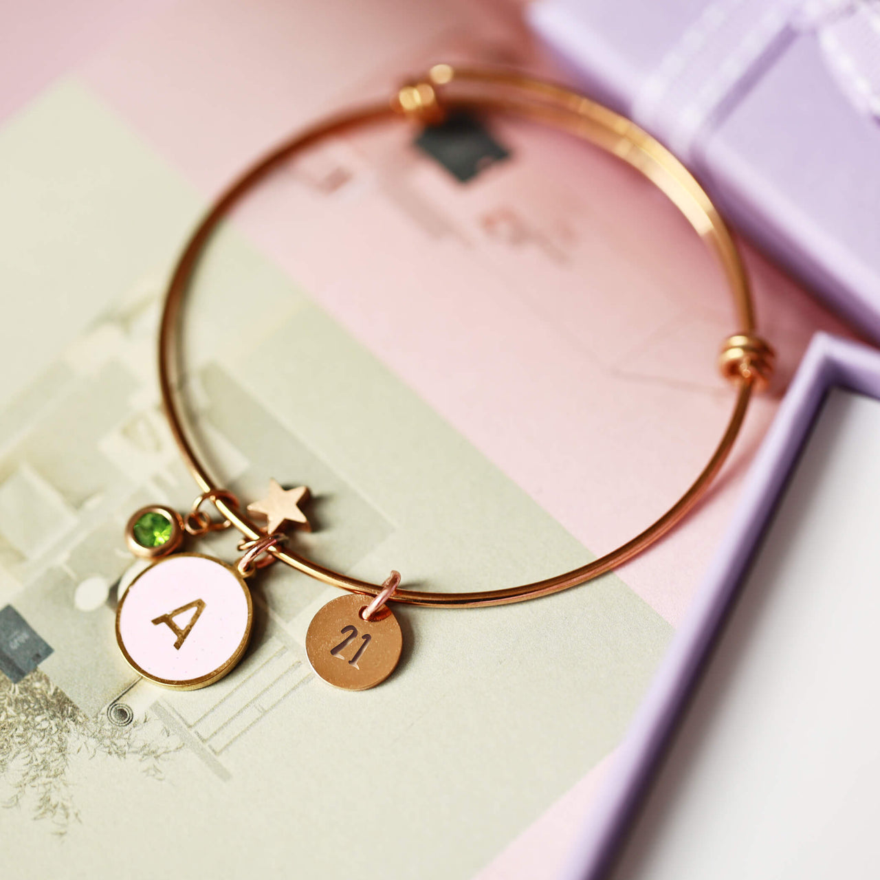 Birthday Enamelled Letter Charm Birthstone Bangle