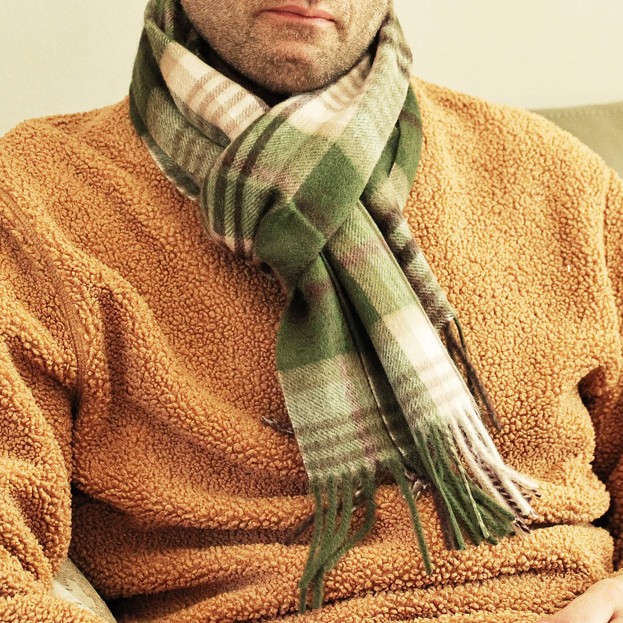 Men's Green Check Wool And Cashmere Blend Scarf