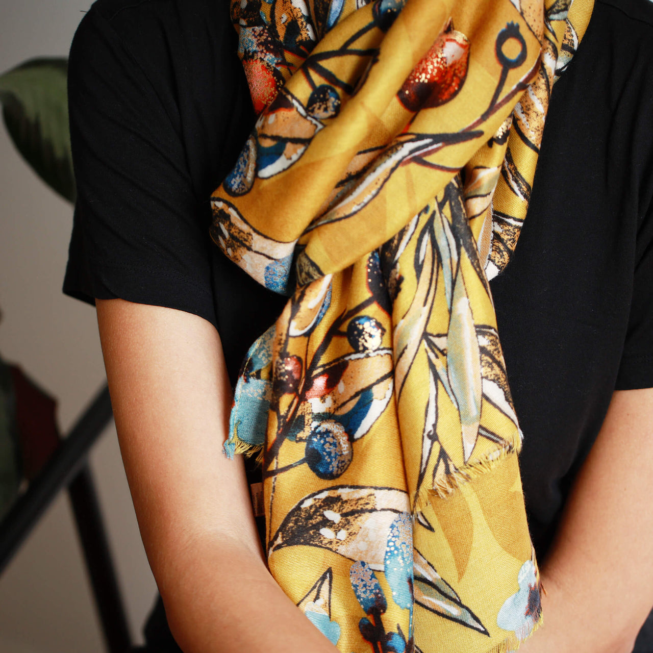 Pomegranate Gold Foliage Blue Flower Motifs Scarf