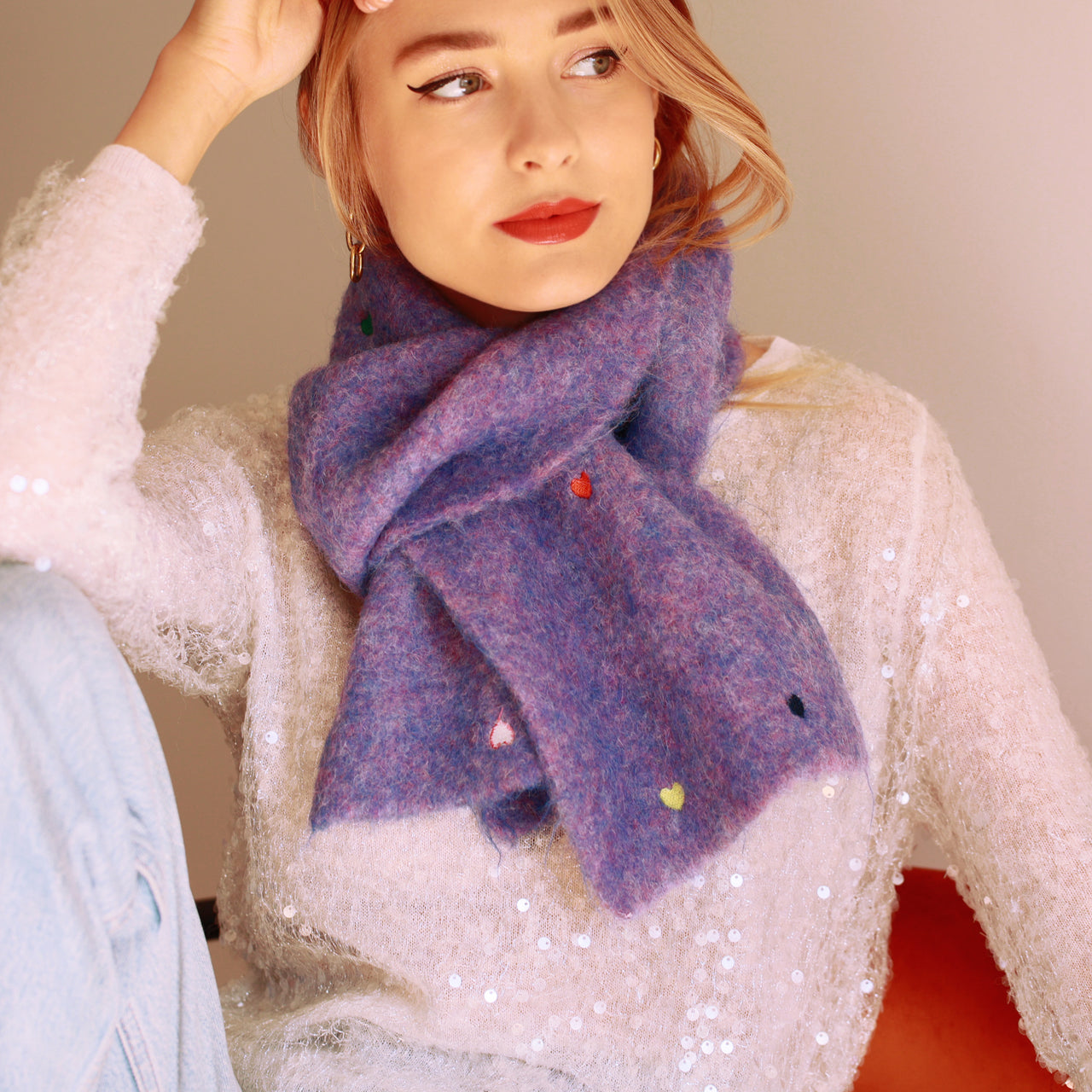 Wool Embroidered Hearts Scarf