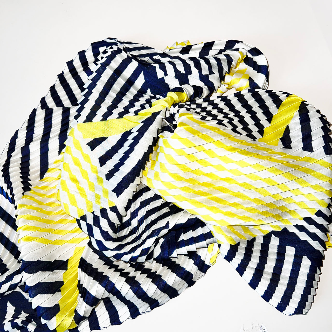 Navy And Yellow Contrasts Pleated Square Silky Scarf