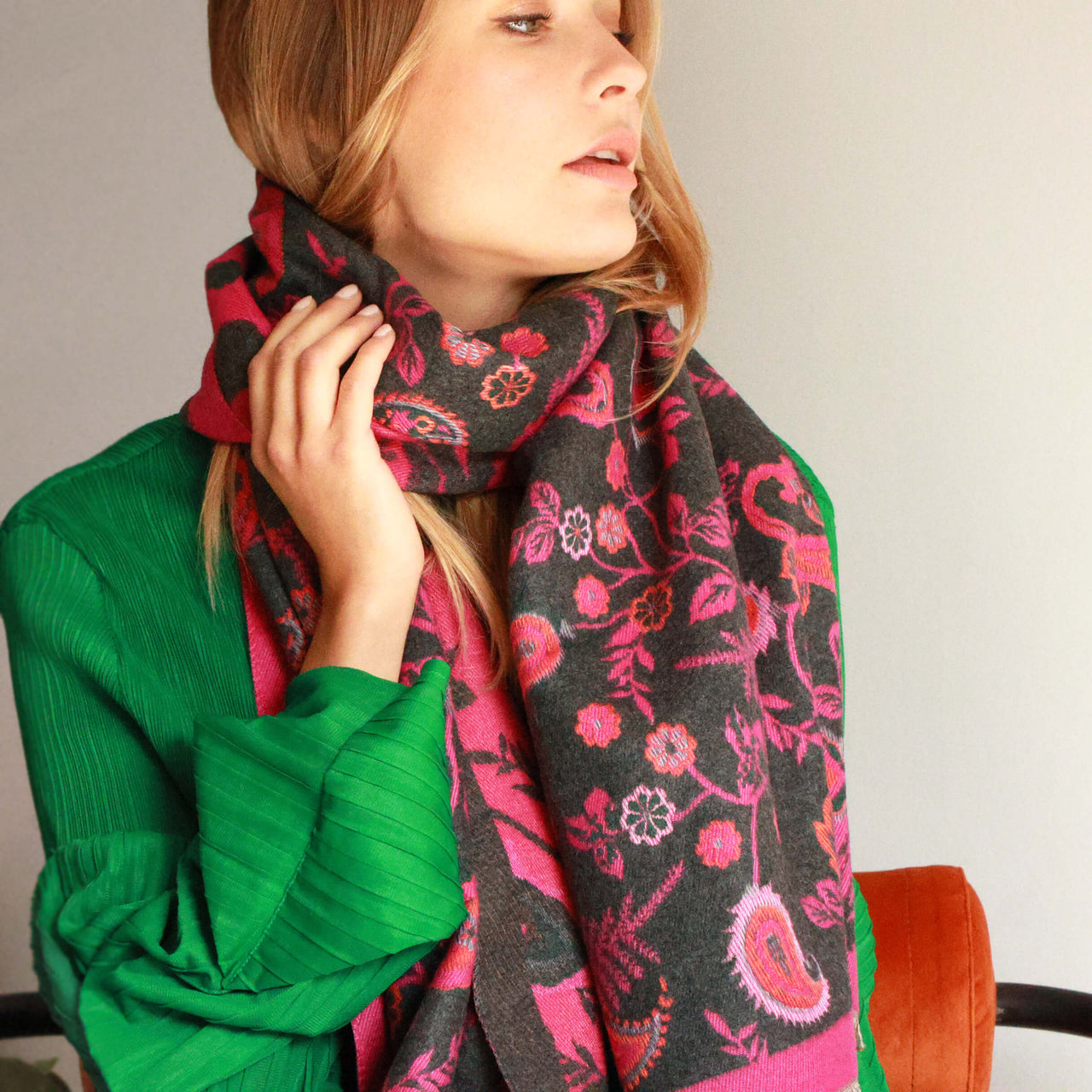 Paisley Pattern Scarf In Fuchsia And Charcoal