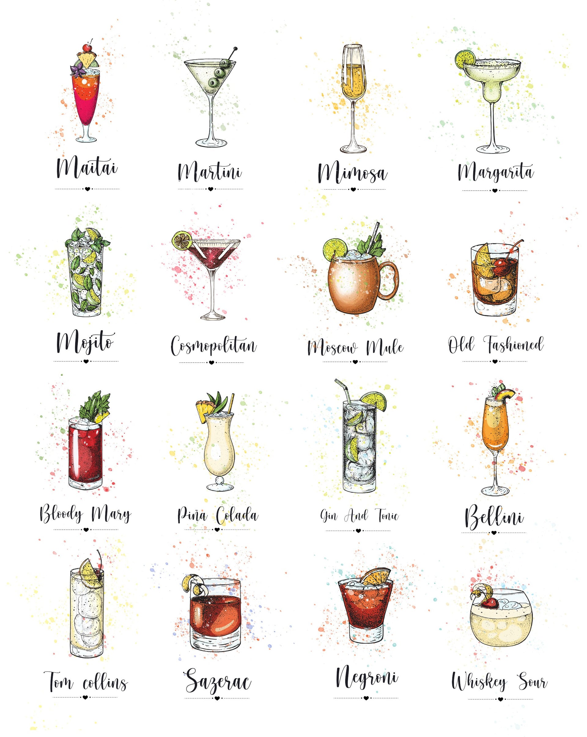 Personalised Favourite Cocktails Hand Drawing Art Print | Wall Art | Modern Art Print