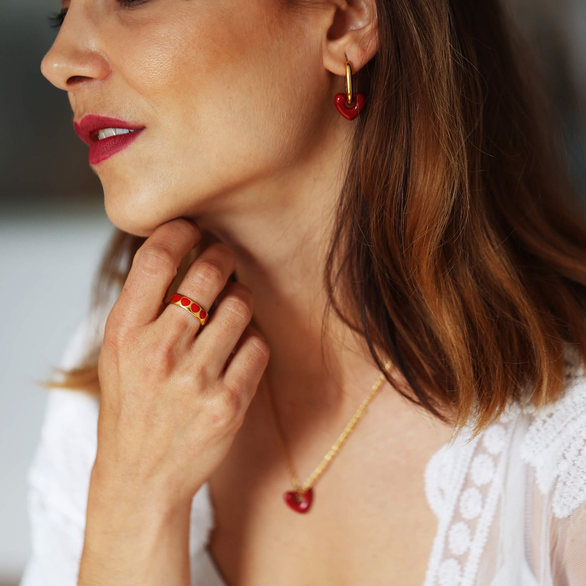 Love Hearts Red Enamel Necklace Ring Earring Box Set