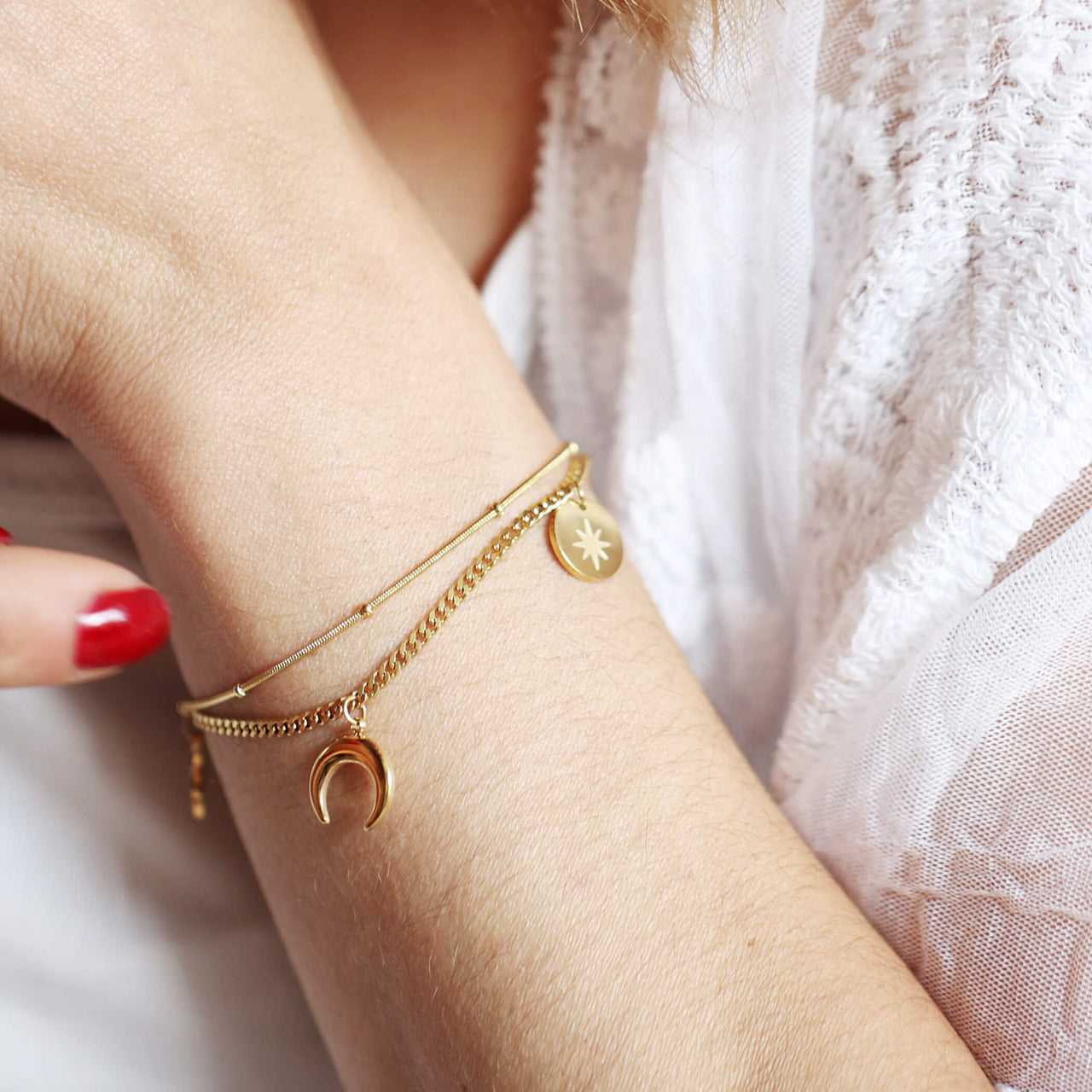 Northern Star Crescent Compass Double Chain Bracelet