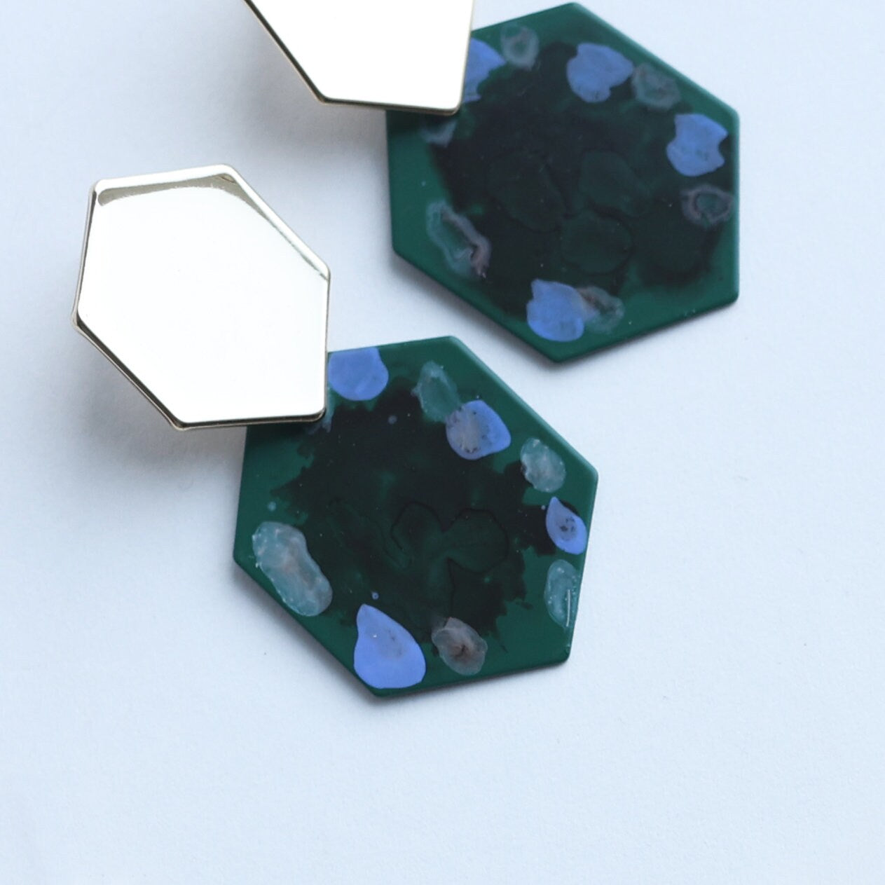 Hand Painted Green Turquoise Hexagon Shape Earrings In A Gift Box