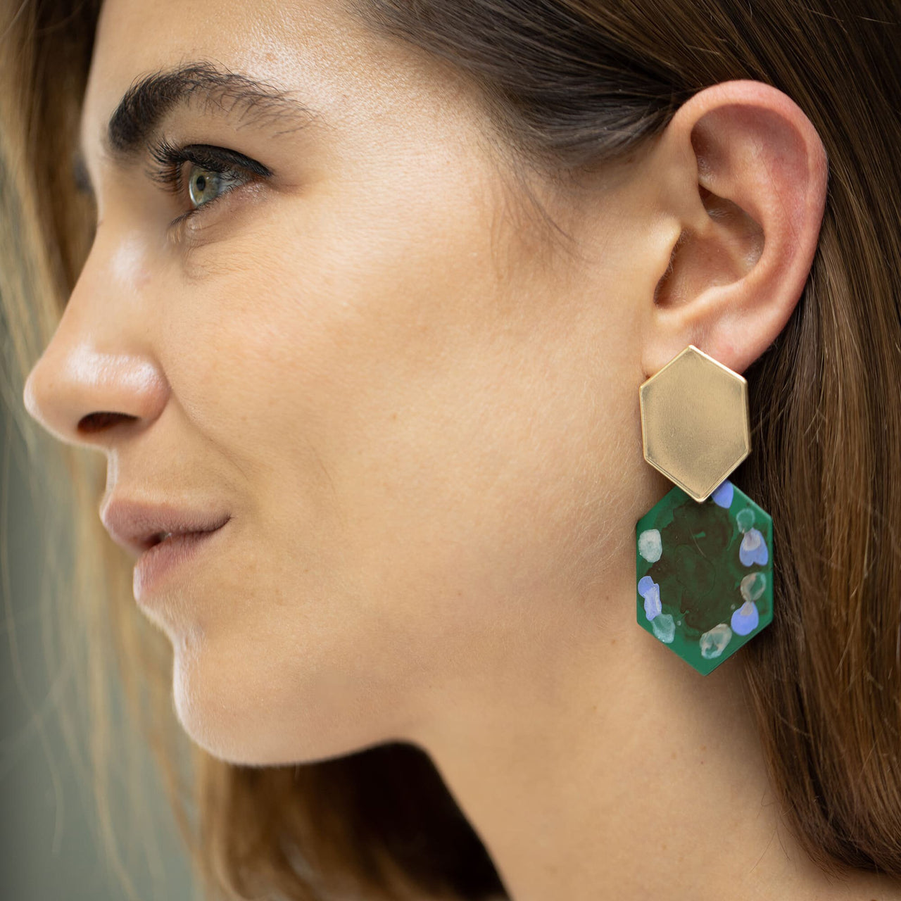 Hand Painted Green Turquoise Hexagon Shape Earrings In A Gift Box