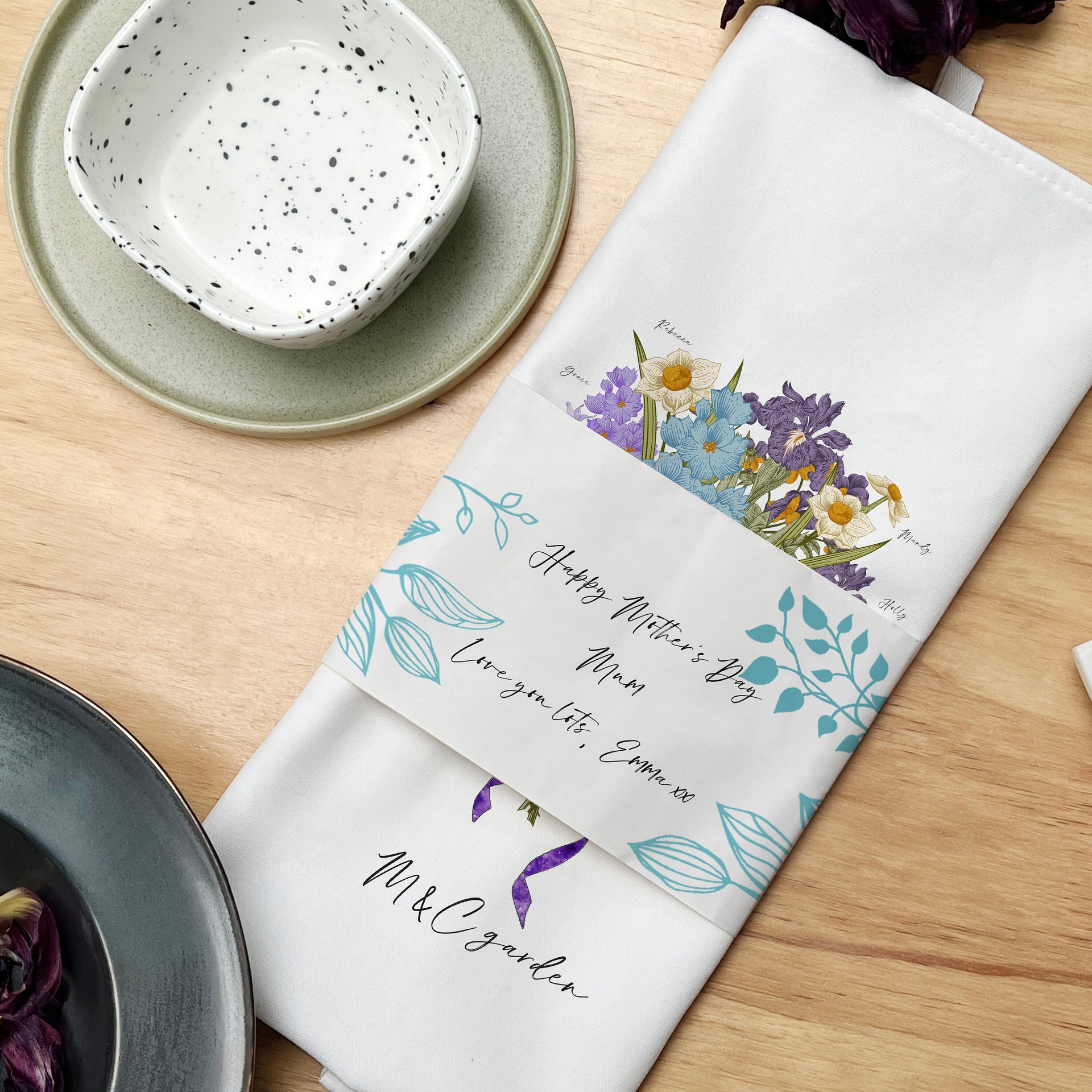 Hand Illustrated 'Family Bunch Birth Flower' Tea Towel In A Gift Box | Tea Towel Gift | Customised Tea Towel For Mum