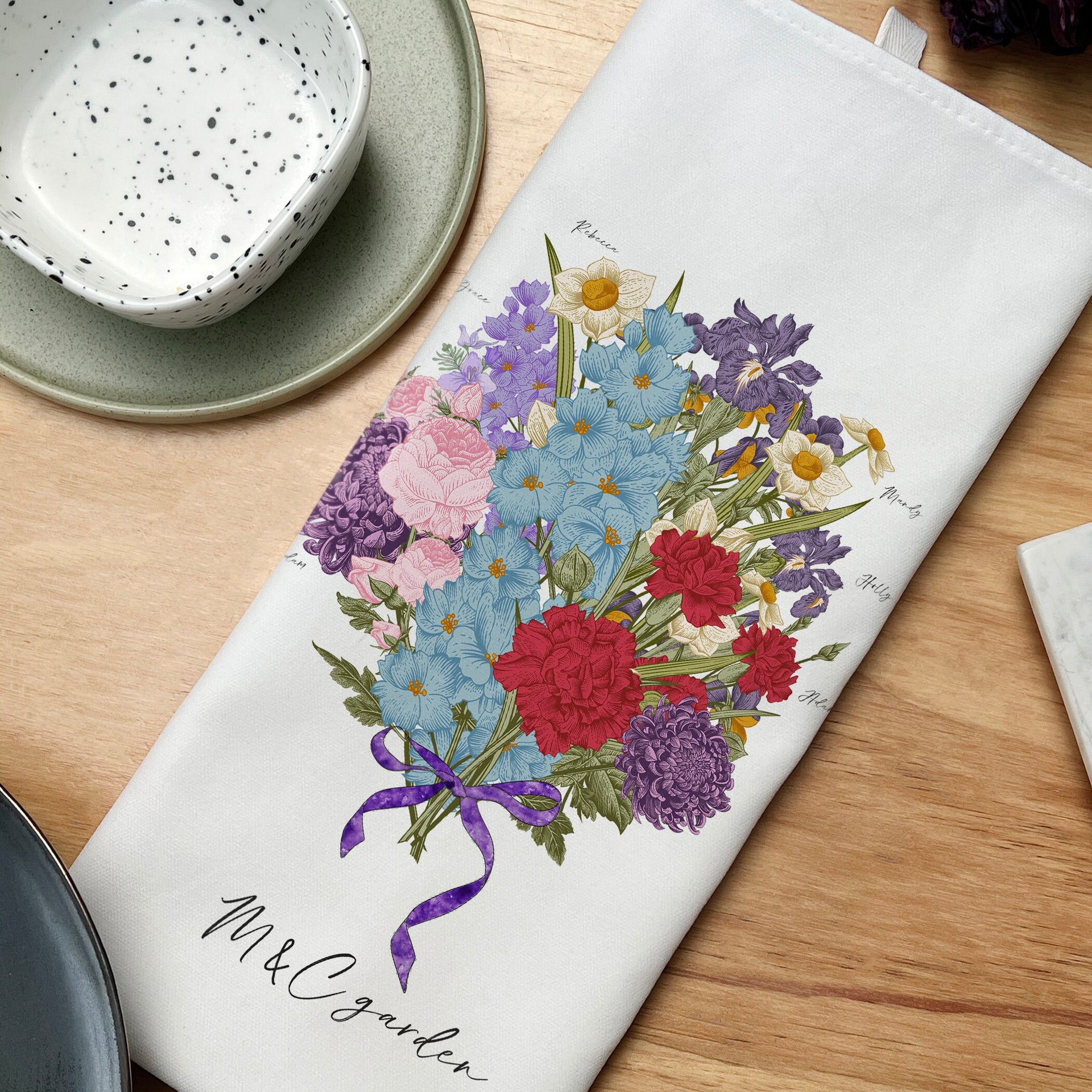 Hand Illustrated 'Family Bunch Birth Flower' Tea Towel In A Gift Box | Tea Towel Gift | Customised Tea Towel For Mum