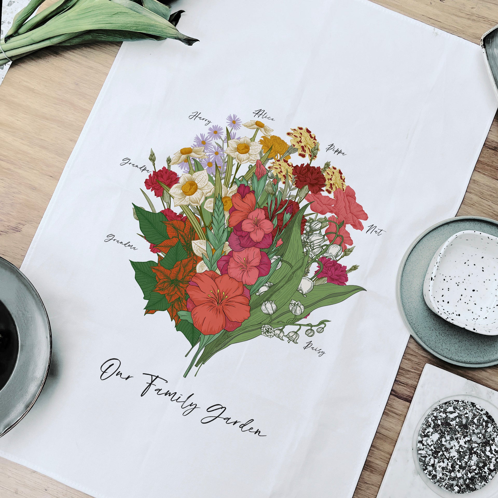 Hand Illustrated 'Family Bunch Birth Flower' Tea Towel In A Gift Box | Tea Towel Gift | Customised Tea Towel For Mum